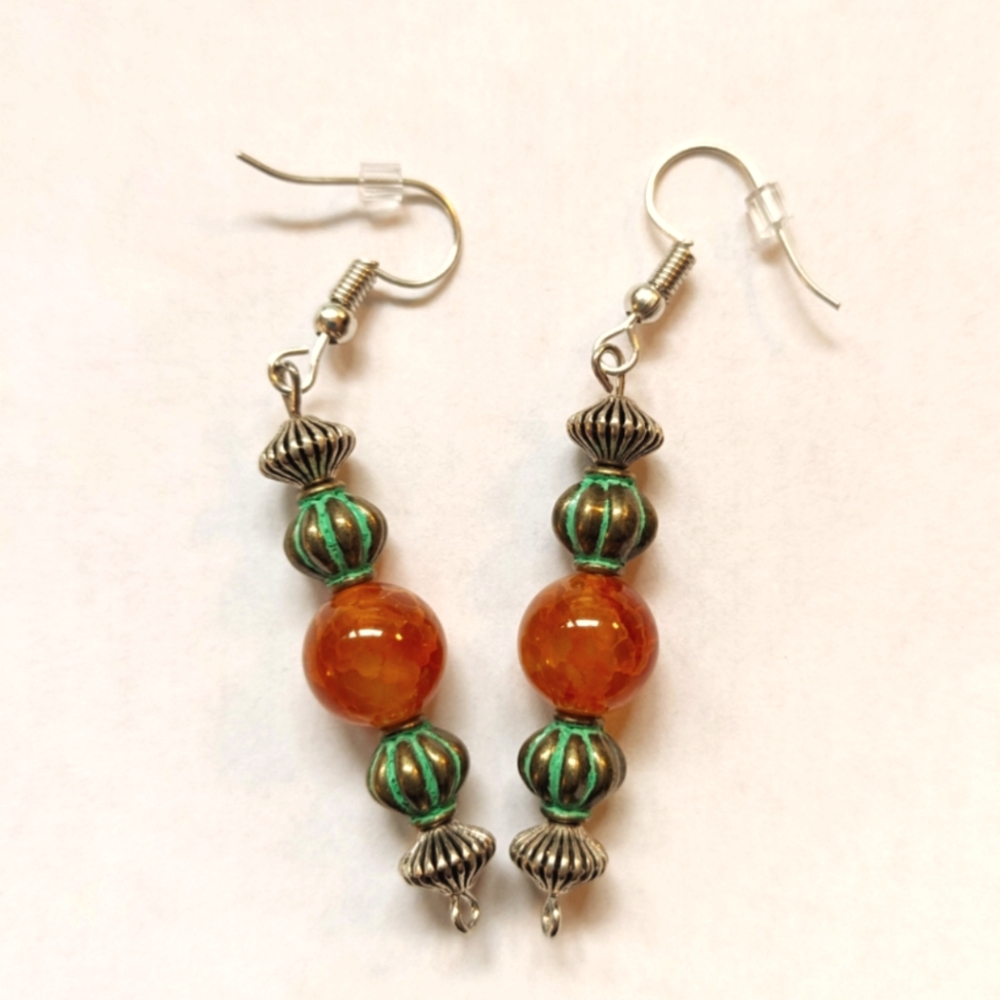 Orange Quartz and Green Patina Metal Earrings